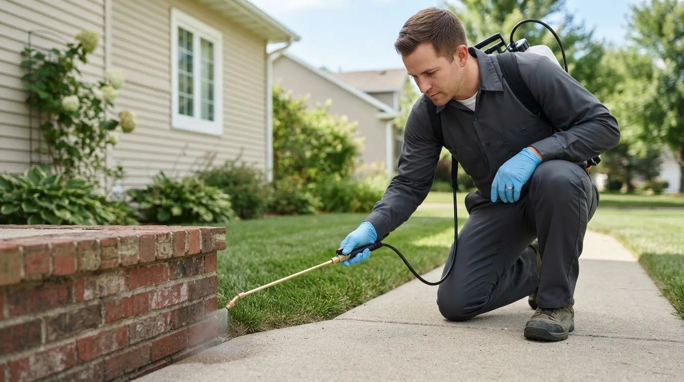 Pest control technician treating a home near White Hall, IL