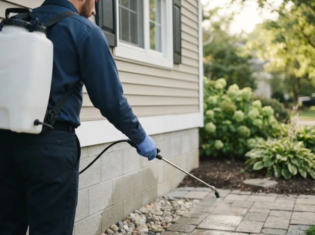 Pest control technician inspecting a home in White Hall, IL